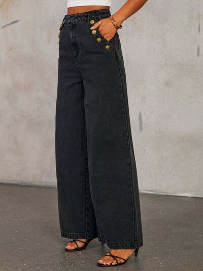 Taupe Oliver button decor high-rise jeans for women, showcasing stylish fit and trendy button details in a casual look.
