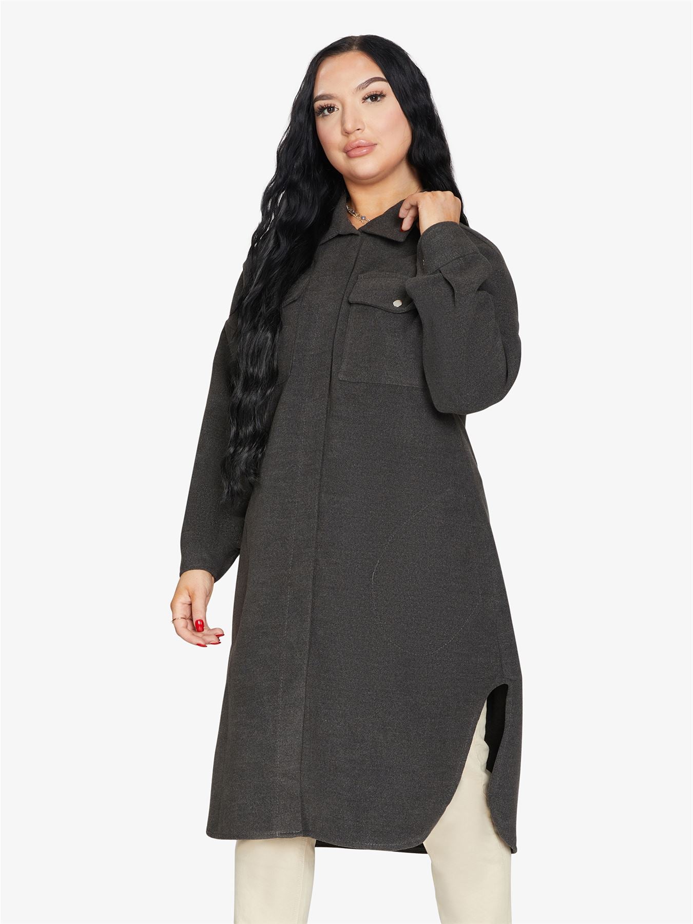 Rose Eleusis oversized longline shacket in neutral tones, featuring a relaxed fit and button front, perfect for layering.