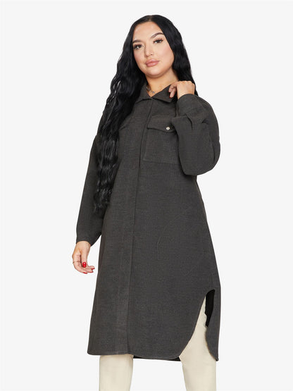 Rose Eleusis oversized longline shacket in neutral tones, featuring a relaxed fit and button front, perfect for layering.