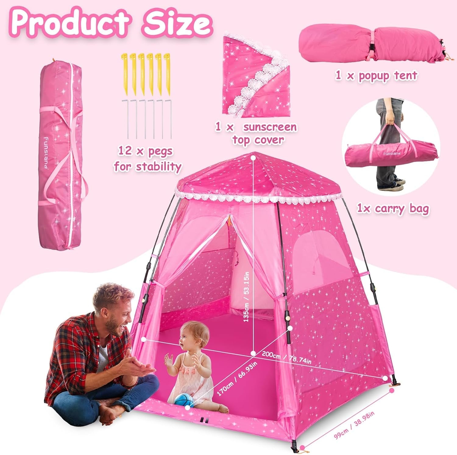 Kids Peach Maple princess castle play tent with pop-up design, 78x66 inches, featuring colorful princess-themed fabric and playful castle details.