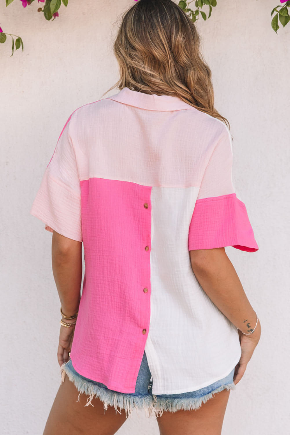 Carmine Juneberry rose collar neck color block polo shirt, featuring a stylish collar and contrasting color blocks, casual top for women.