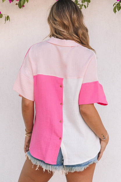 Carmine Juneberry rose collar neck color block polo shirt, featuring a stylish collar and contrasting color blocks, casual top for women.