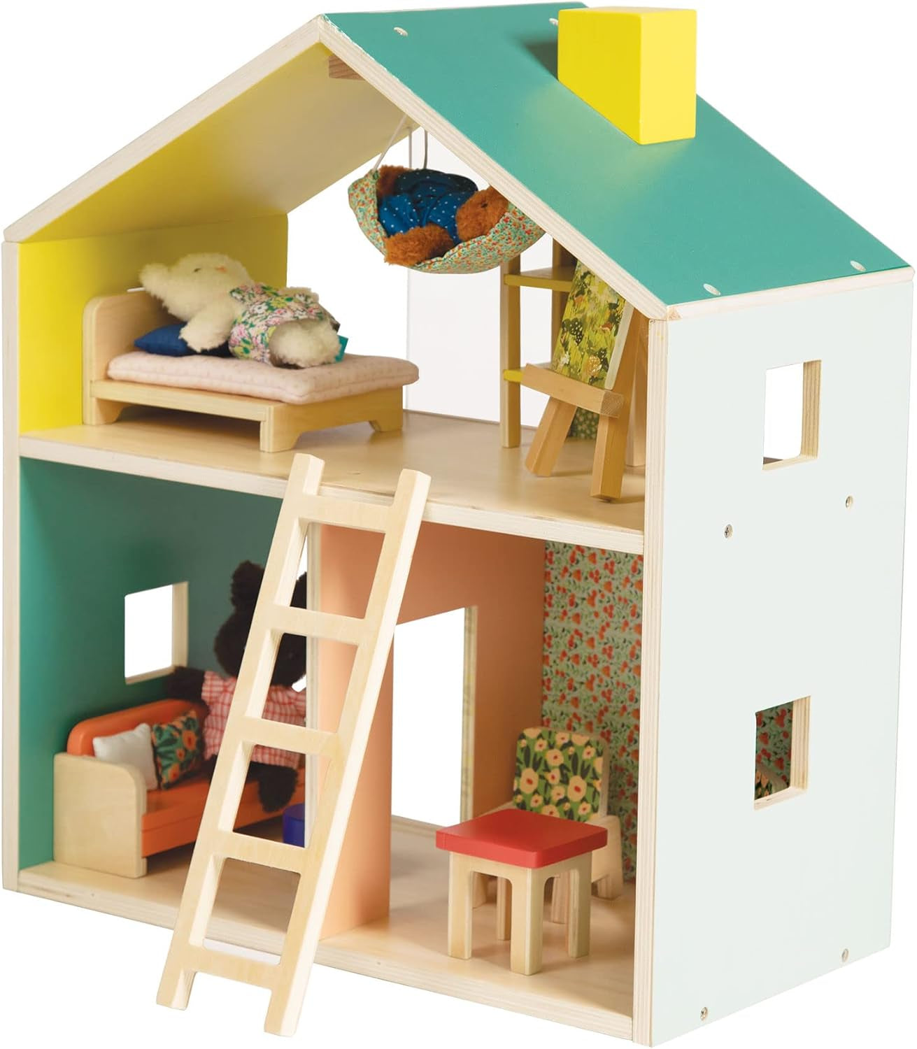 Wooden Peach Maple playhouse with loft for kids aged 3 and up, featuring a charming design and child-friendly furniture.