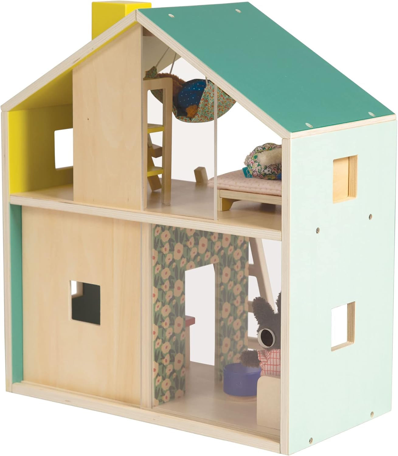 Wooden Peach Maple playhouse with loft for kids aged 3 and up, featuring windows, door, and charming play space.