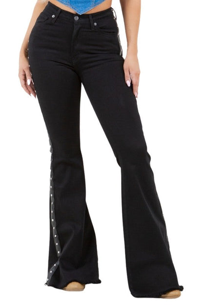 Jade Icarus Ropin Bell Bottom Jean with 32-inch inseam, featuring denim fabric and stylish flared leg design.