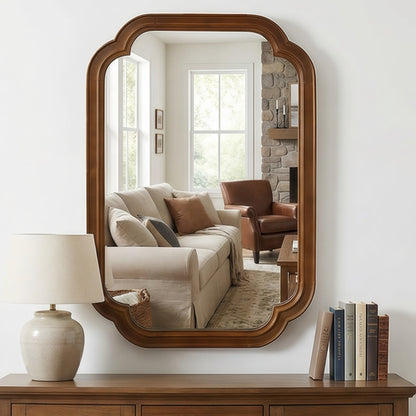 Decorative bedroom mirror with solid wood frame and rounded corners by Sangria Beech, showcasing elegant furniture design.