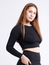 Black Lavender JupiterGear long-sleeve crop top for activewear, shown in black with fitted style and thumbholes on sleeves.