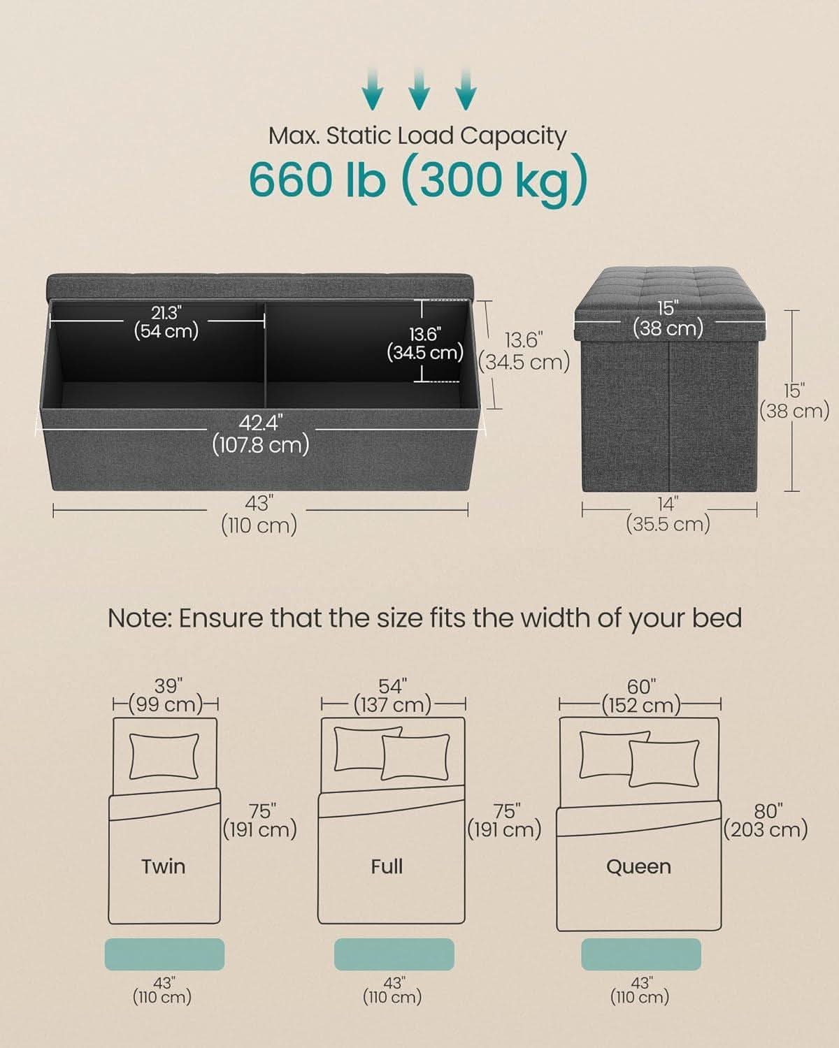 43-Inch Folding-Storage Ottoman Bench Dark Gray Matte