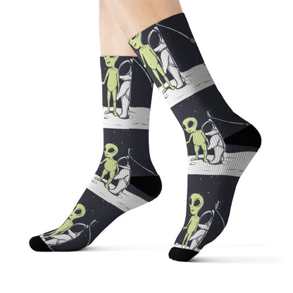 Funny Alien Selfie Socks by Yellow Pandora featuring colorful alien designs on comfortable, casual socks.