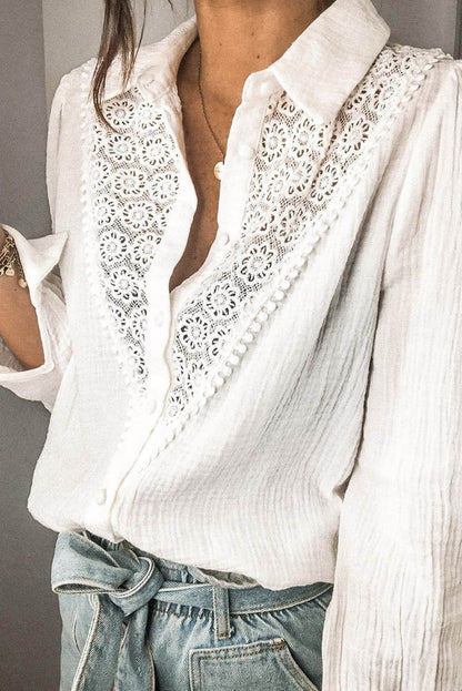 White floral lace hollow-out splicing crinkled blouse by Carmine Juneberry, featuring delicate lace details and stylish crinkled fabric.