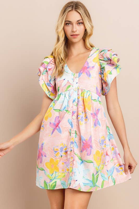 Floral printed blush dress with V neckline and button-down front, size Large, by Byzantium Smudge