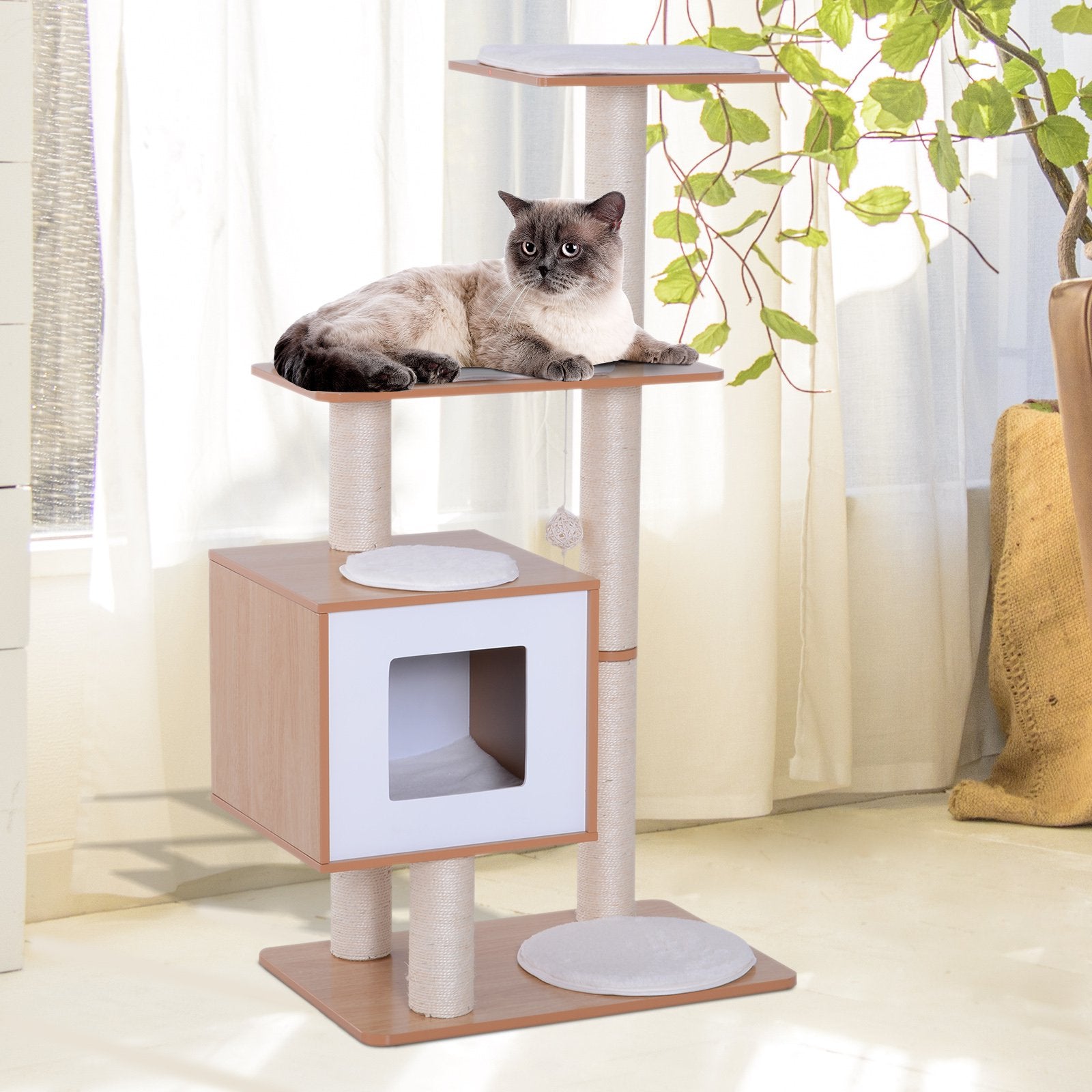 Taupe Shadow PawHut 47-inch wooden cat tree with scratching posts and cozy kitten house for cats and kittens.