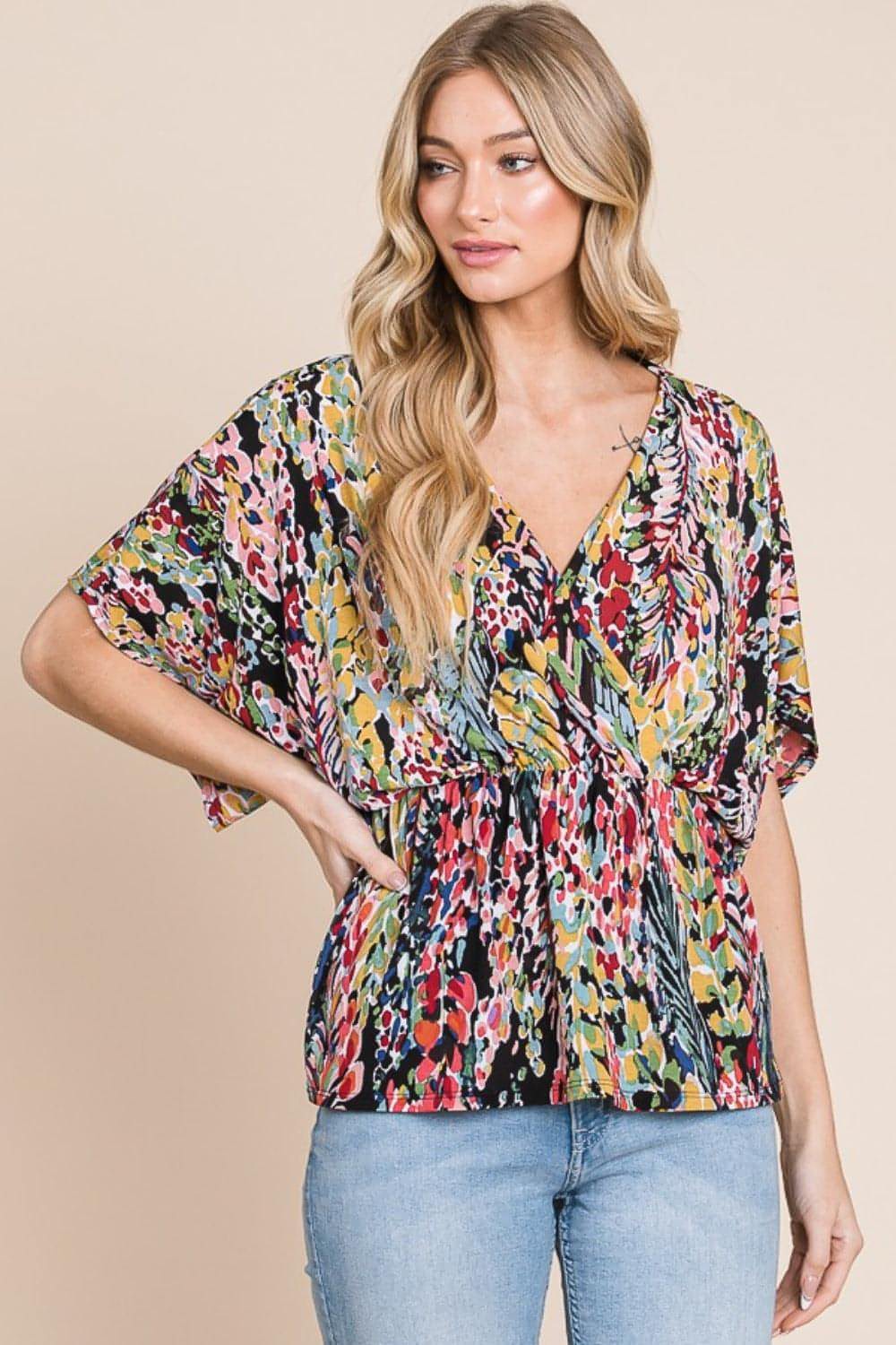 Carmine Juneberry BOMBOM printed surplice peplum blouse with long sleeves and floral pattern, stylish tops and blouses for women.