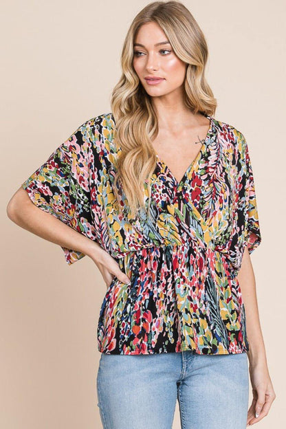 Carmine Juneberry BOMBOM printed surplice peplum blouse with long sleeves and floral pattern, stylish tops and blouses for women.