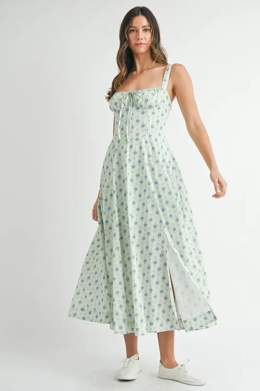 Pear Daisy floral print bustier midi dress with back lace-up detail, perfect for stylish home or garden gatherings.