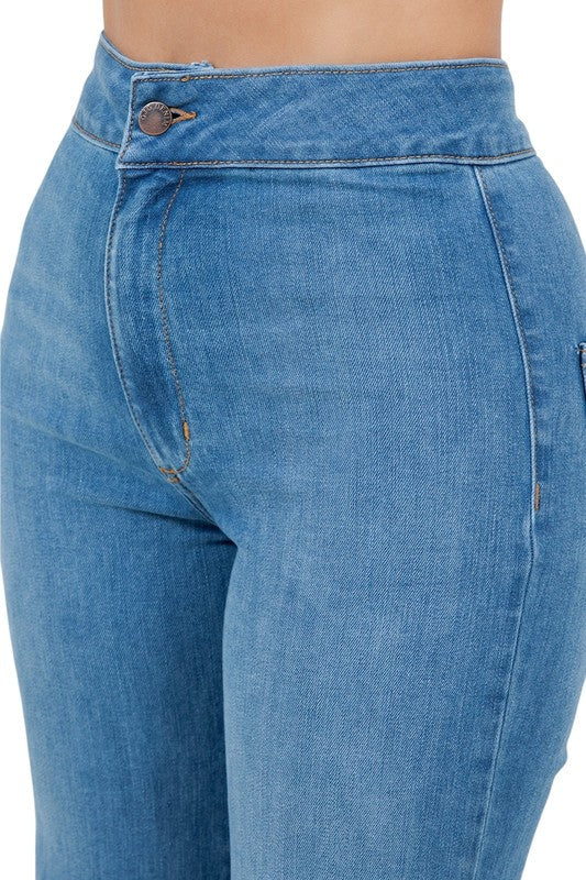 Harley Wide Leg Medium Blue Jade Icarus jeans with 32-inch inseam, showing the relaxed fit and stylish denim fabric.