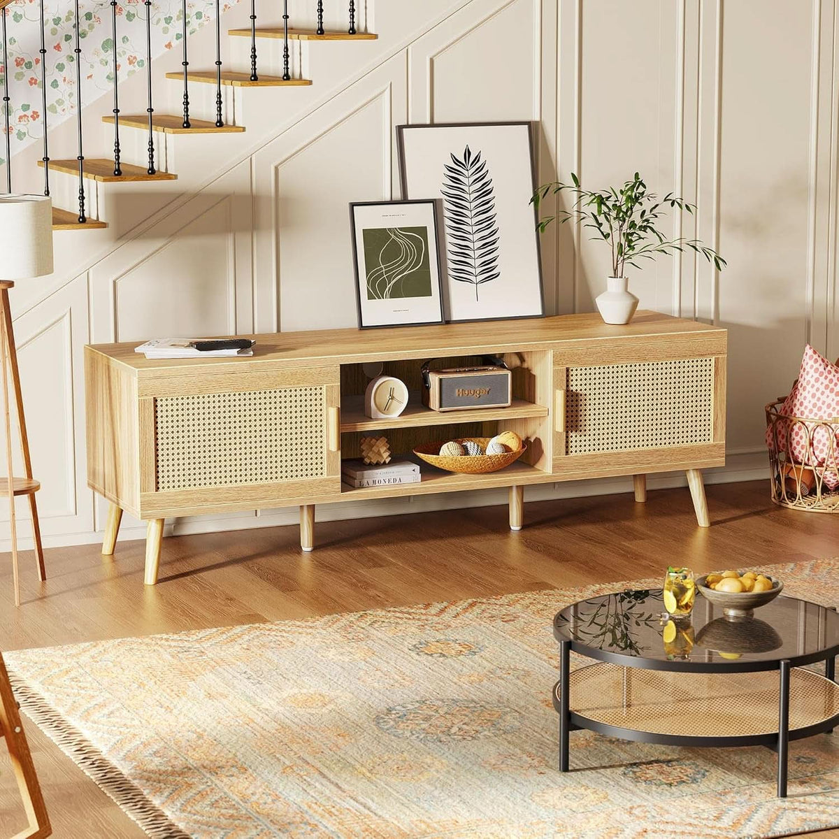 65 Inch Boho TV Stand With Rattan Entertainment Center