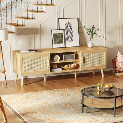 65 Inch Boho TV Stand With Rattan Entertainment Center