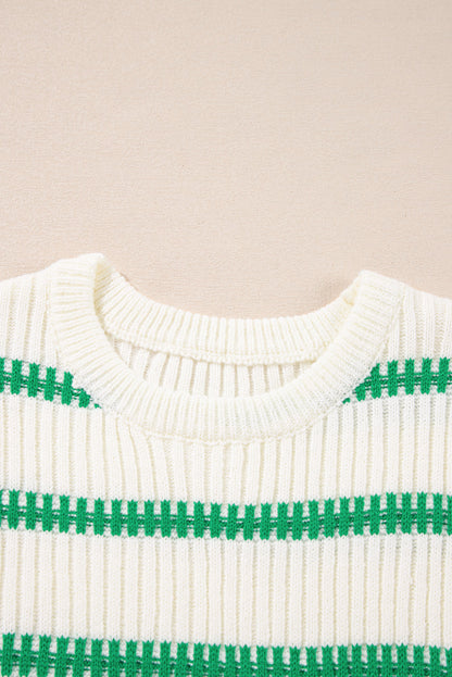 Bright green striped round neck casual sweater vest from Carmine Juneberry, featuring a cozy knit and vibrant pattern.