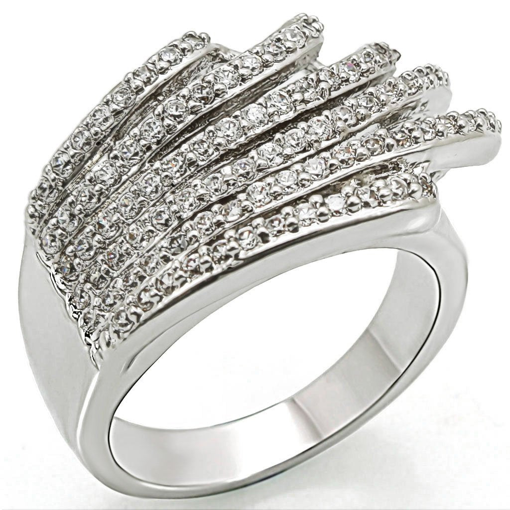Rhodium brass ring with AAA grade clear CZ gemstone, designed by Turquoise Tiger, showcasing a polished ring with sparkling stone.