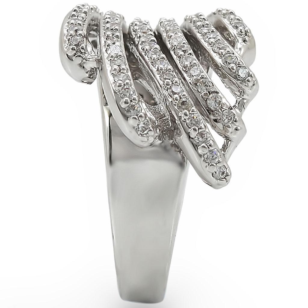 Rhodium brass ring with AAA grade clear cubic zirconia, featuring a sleek design from Turquoise Tiger jewelry collection.