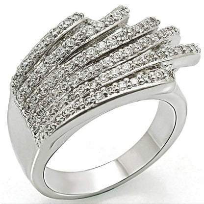 Turquoise Tiger 1W018 rhodium brass ring with AAA grade clear cubic zirconia, showcasing a sparkling clear gemstone design.