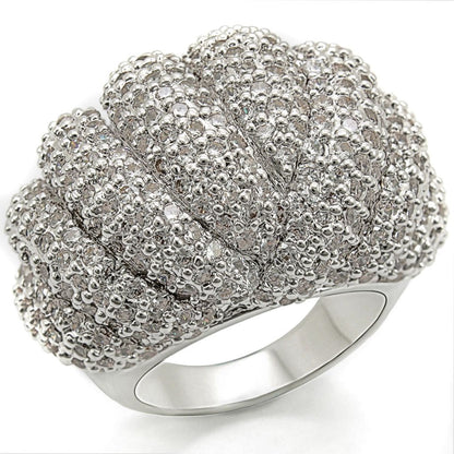 Rhodium brass ring with AAA grade clear cubic zirconia from Turquoise Tiger, showcasing a sleek design and sparkling stone details.