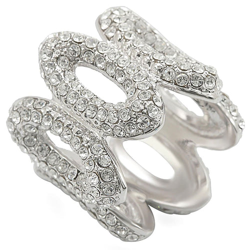 Rhodium brass ring with clear top grade crystal, stylish jewelry by Turquoise Tiger, showcasing a shiny, elegant design.