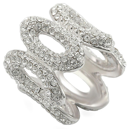 Rhodium brass ring with clear top grade crystal, stylish jewelry by Turquoise Tiger, showcasing a shiny, elegant design.