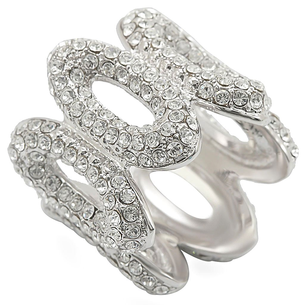 Rhodium brass ring with clear top-grade crystal, elegant jewelry piece by Turquoise Tiger featuring a polished band and sparkling stone.
