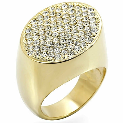 Gold brass ring with clear top grade crystal, stylish jewelry by Turquoise Tiger featuring a sleek design and sparkling centerpiece.