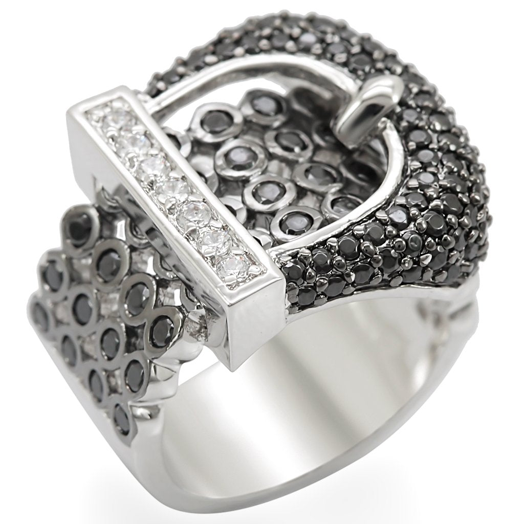 Turquoise Tiger rhodium and ruthenium brass ring with AAA grade black cubic zirconia, showcasing intricate jewelry design.