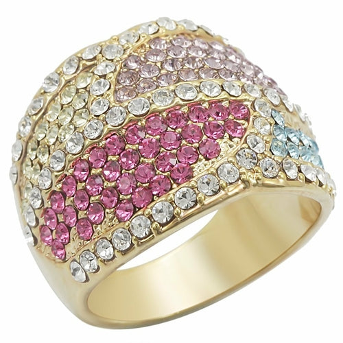 Gold brass ring with multicolor top-grade crystal, stylish jewelry piece by Turquoise Tiger.
