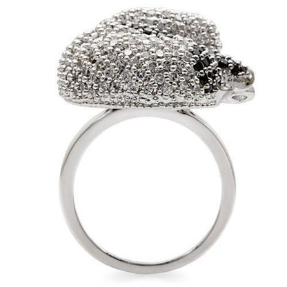 Turquoise Tiger rhodium and ruthenium brass ring with AAA grade black cubic zirconia, showcasing intricate design and polished finish.