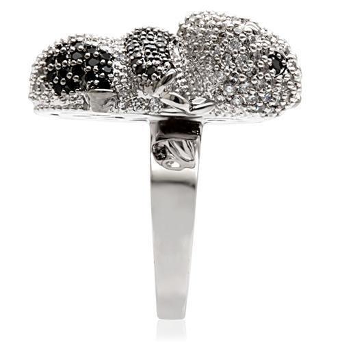 Rhodium and ruthenium brass ring with AAA grade cubic zirconia in black, featuring intricate design by Turquoise Tiger.