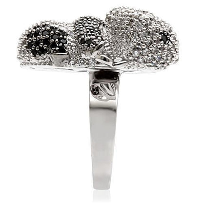 Rhodium and ruthenium brass ring with AAA grade cubic zirconia in black, featuring intricate design by Turquoise Tiger.