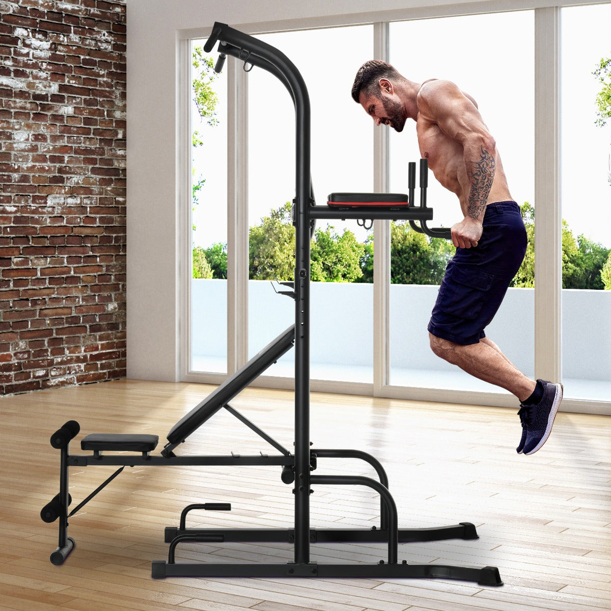 Soozier multi-function power tower station for gym workouts, featuring pull-up bars and dip stations in a home fitness setting.