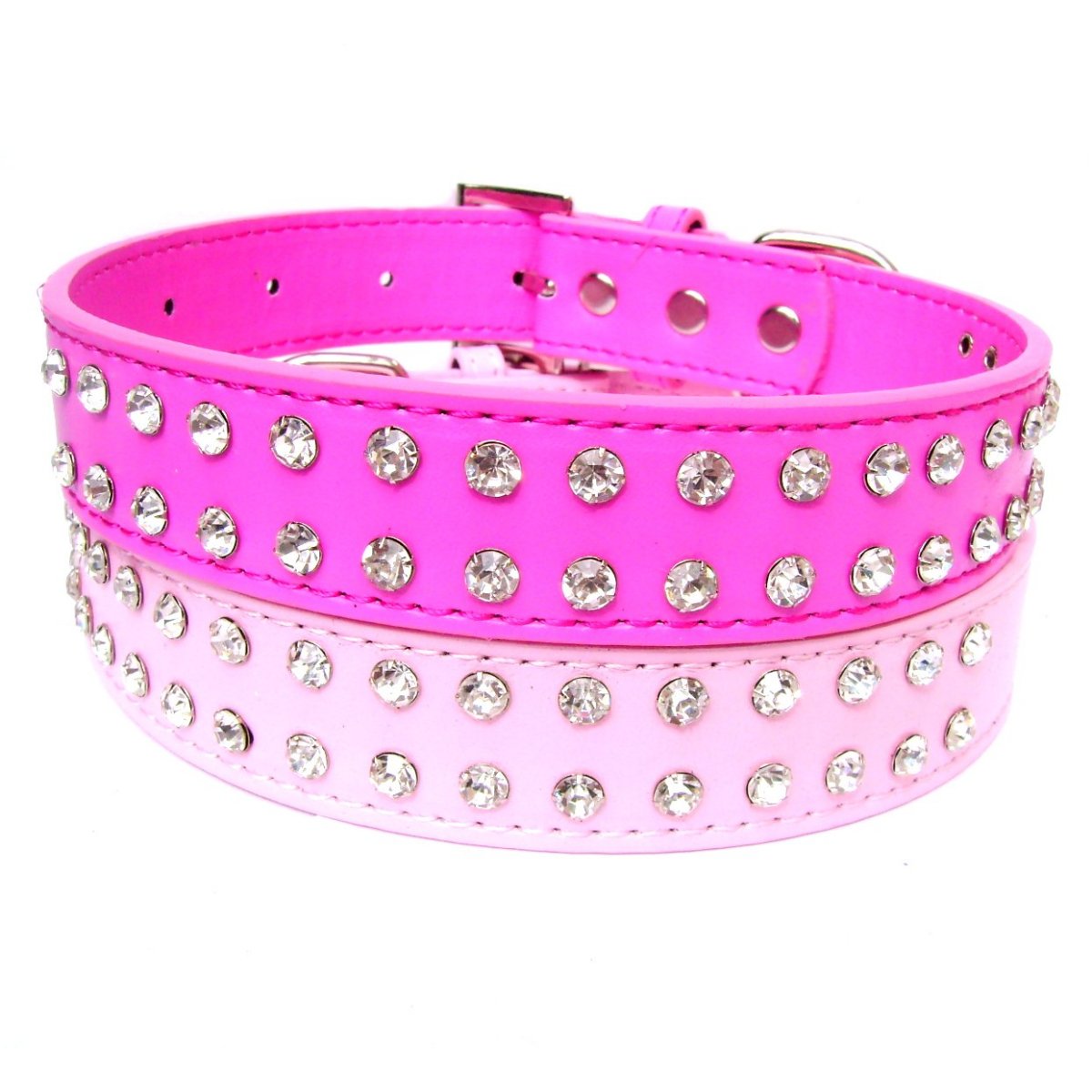 Fuchsia pink 2-row crystal dog collar by Salmon Oscar, stylish pet collar with sparkling embellishments.