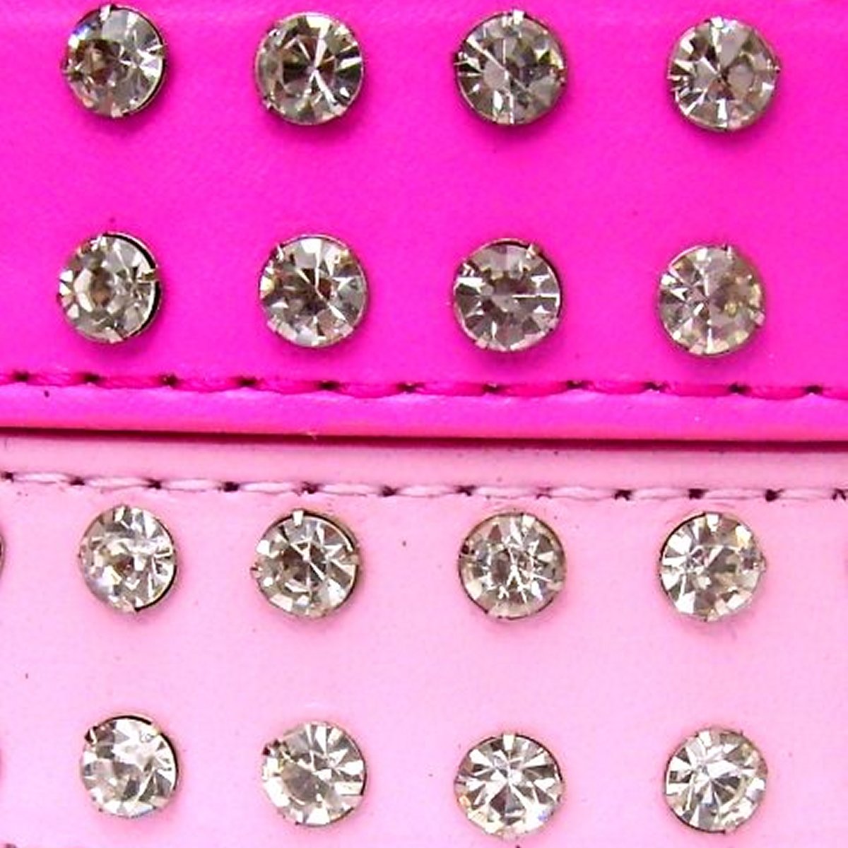 Close-up of Salmon Oscar 2-Row Dog Collar in fuchsia pink with crystal embellishments, showcasing its vibrant color and detailed design.