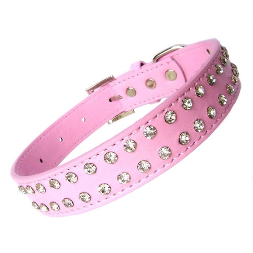 Pink 2-row crystal dog collar from Salmon Oscar, adjustable 10-20 inches, stylish pet wear for small to medium dogs.