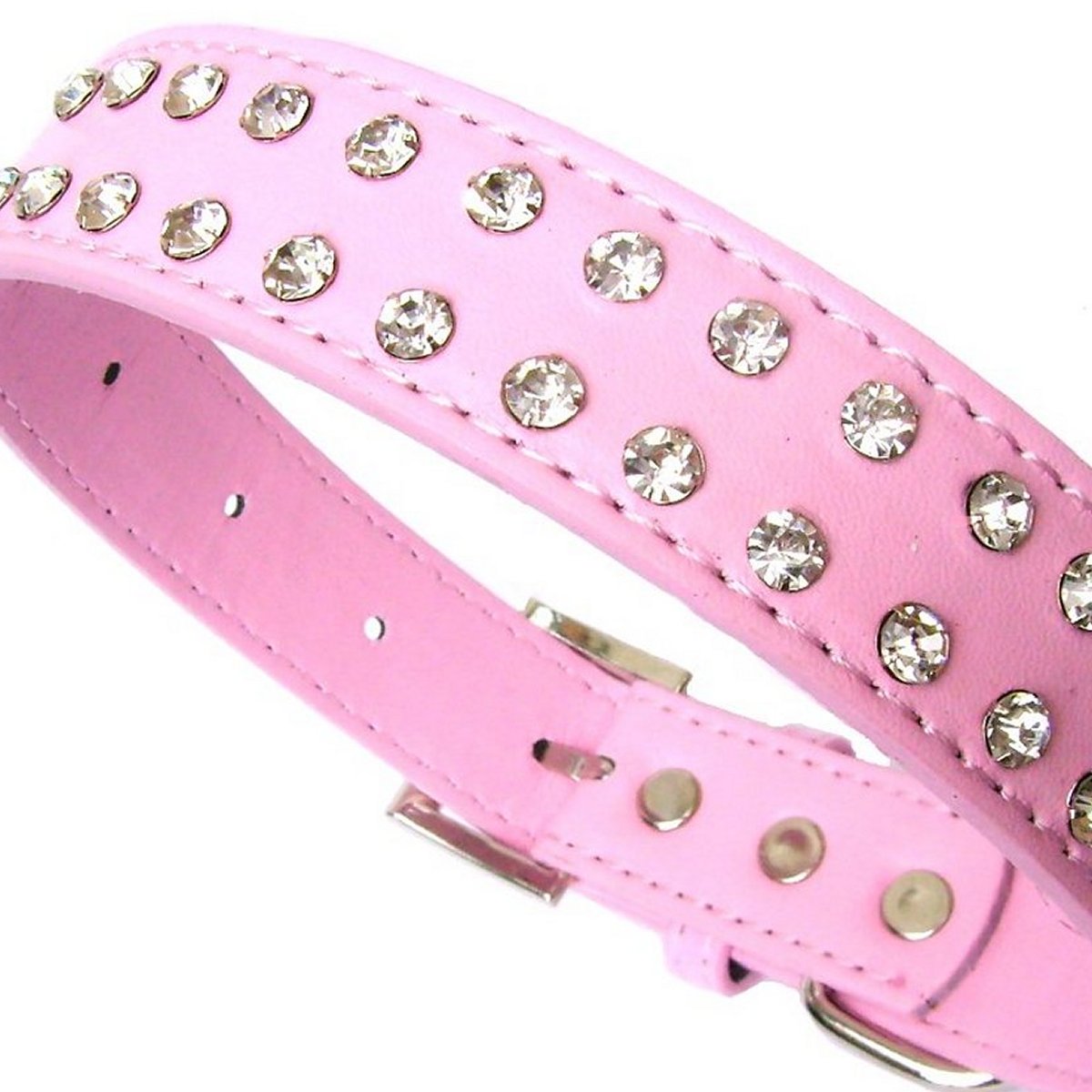 Close-up of Salmon Oscar 2-row pink dog collar with crystal embellishments, adjustable for 10-20 inch neck sizes.