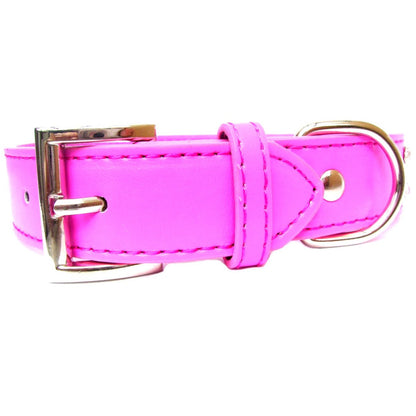 Fuchsia pink 2-row crystal dog collar by Salmon Oscar with decorative embellishments and adjustable strap for pets.