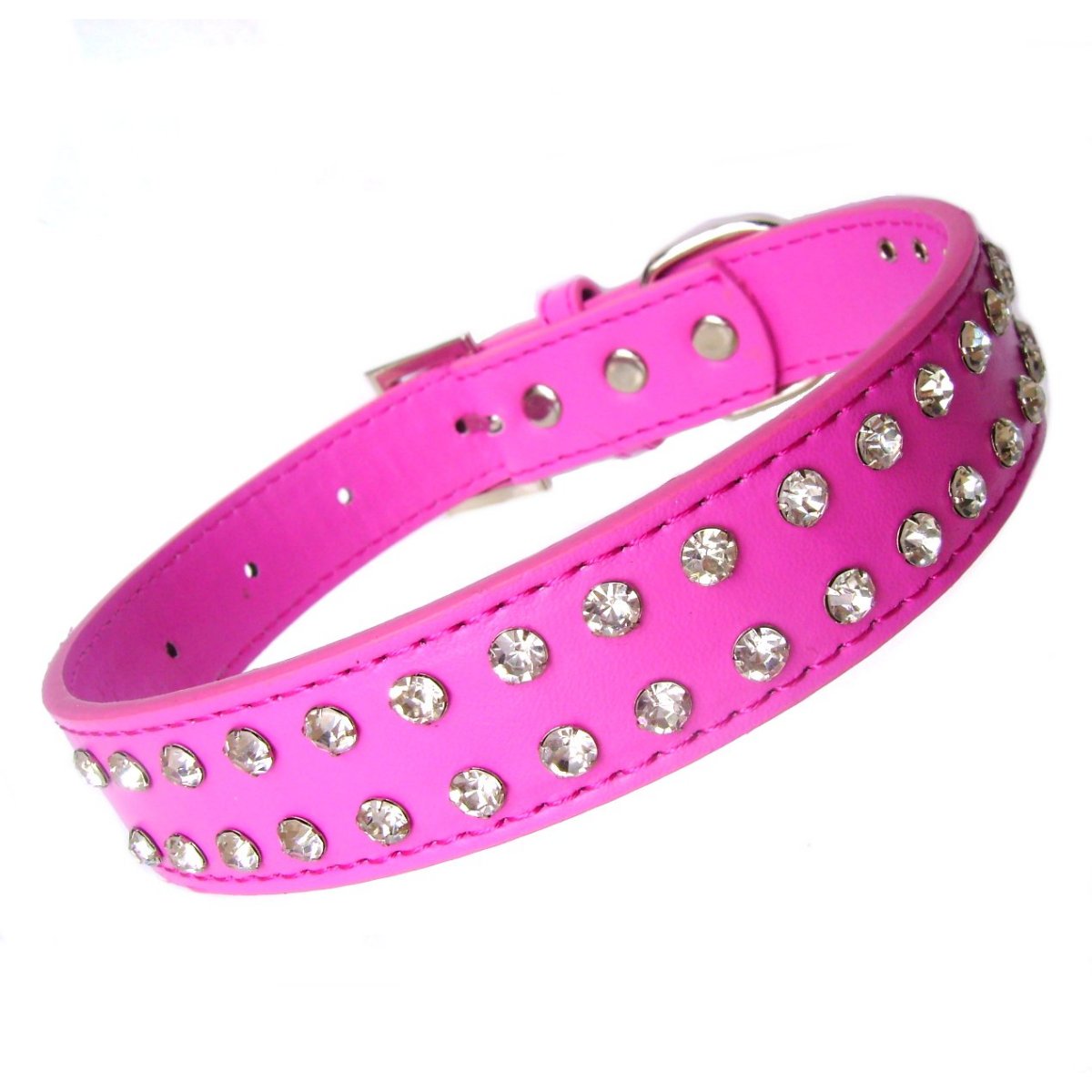 Fuchsia pink 2-row crystal dog collar by Salmon Oscar with sparkling embellishments and adjustable straps for a stylish pet look.