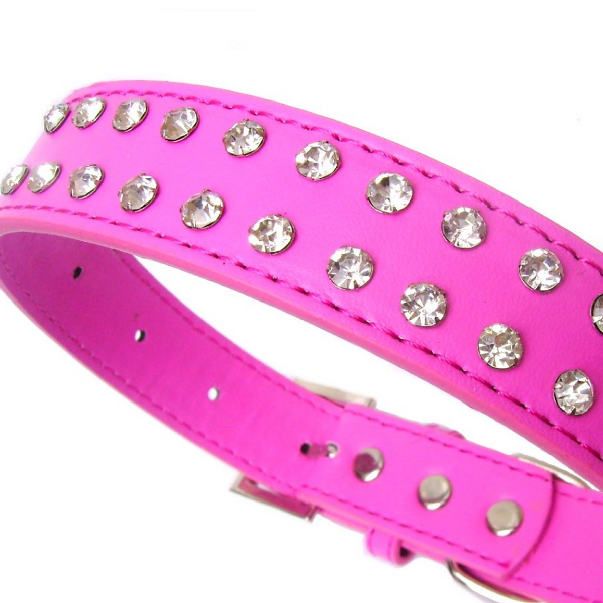 Close-up of Salmon Oscar 2-Row Collar Lead Set in hot pink, featuring sparkling crystal accents on a durable pet collar.