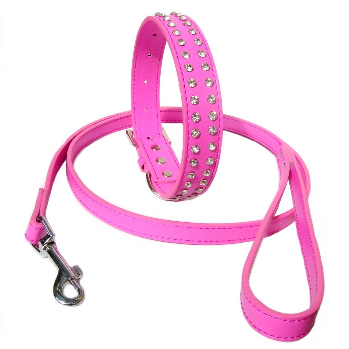Hot pink 2-row crystal collar and lead set by Salmon Oscar, stylish pet wear with sparkling adornments for dogs.