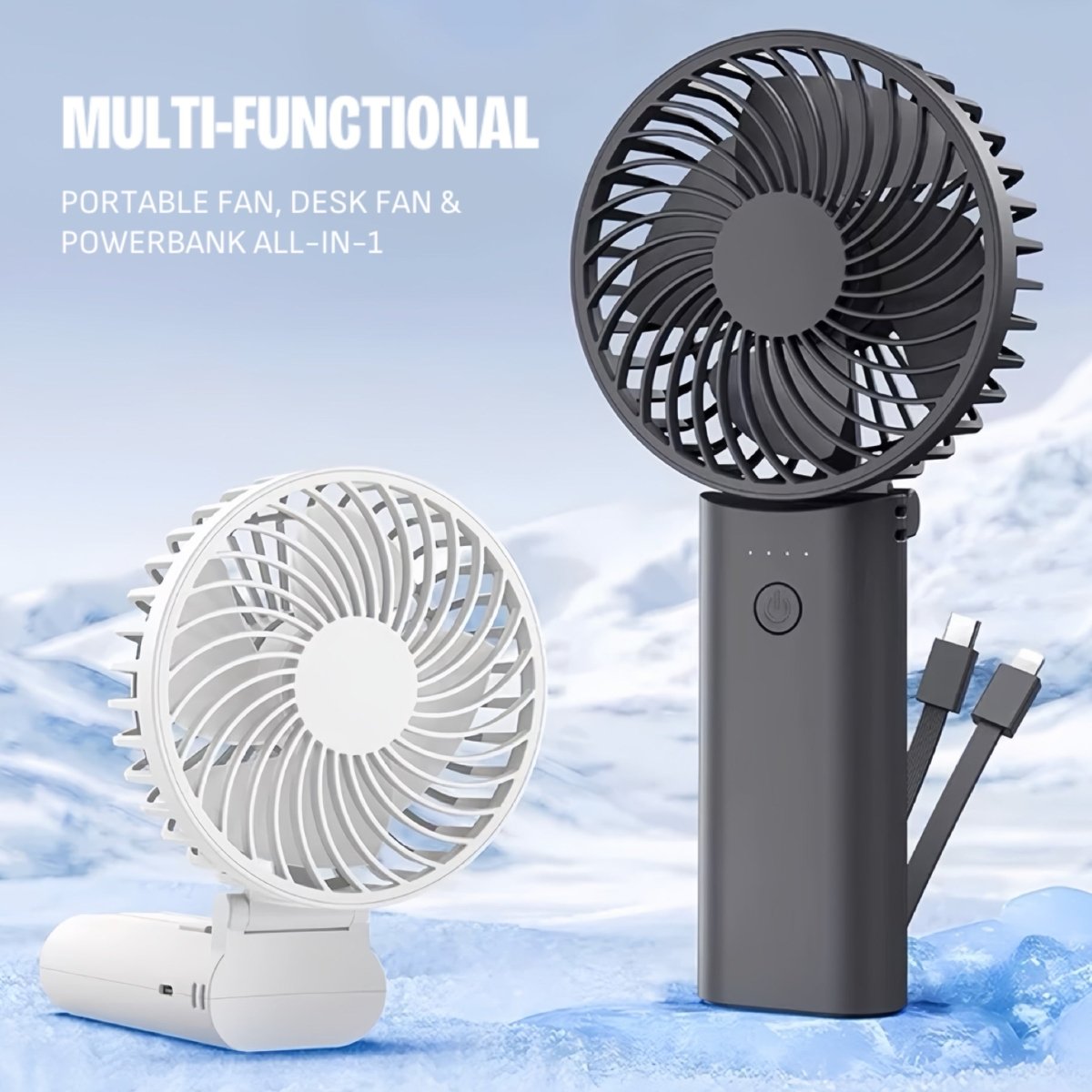 Inspecial Home 2-in-1 portable mini fan with high-speed cooling and built-in power bank, foldable for easy home or travel use.