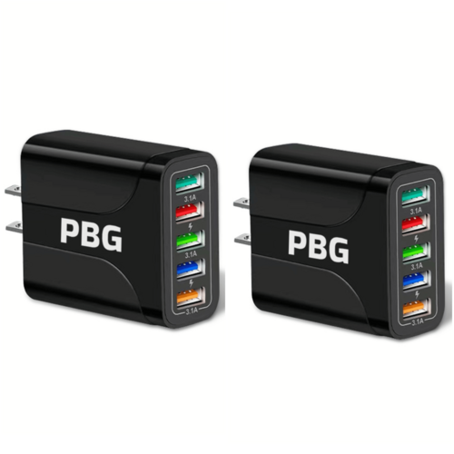 Fuchsia Electra 2-pack 5-port wall chargers for mobile and laptop devices, charging 5 devices simultaneously.