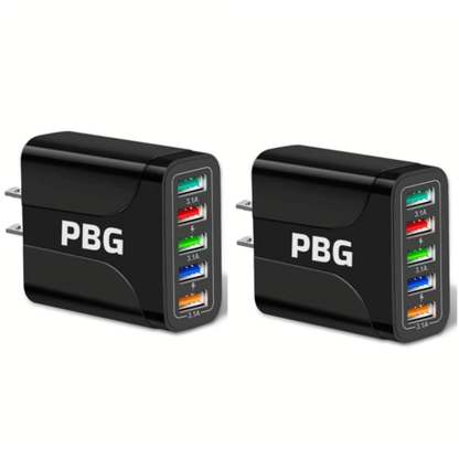 Fuchsia Electra 2-pack 5-port wall chargers for mobile and laptop devices, charging 5 devices simultaneously.
