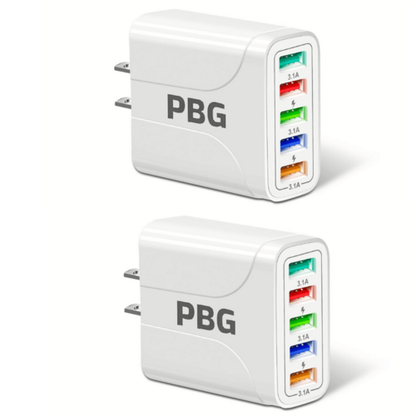 Fuchsia Electra 2-pack 5-port wall chargers for mobile and laptop devices, charging up to 5 gadgets simultaneously.