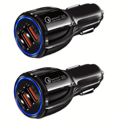 Two Fuchsia Electra PBG 2-port USB fast car charger adapters for mobile and laptop devices, shown in a 2-pack.